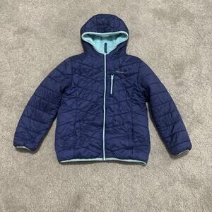 Eddie Bauer Girls Size S 7/8 Blue Puffer Coat Fleece Lined Reversible Jacket